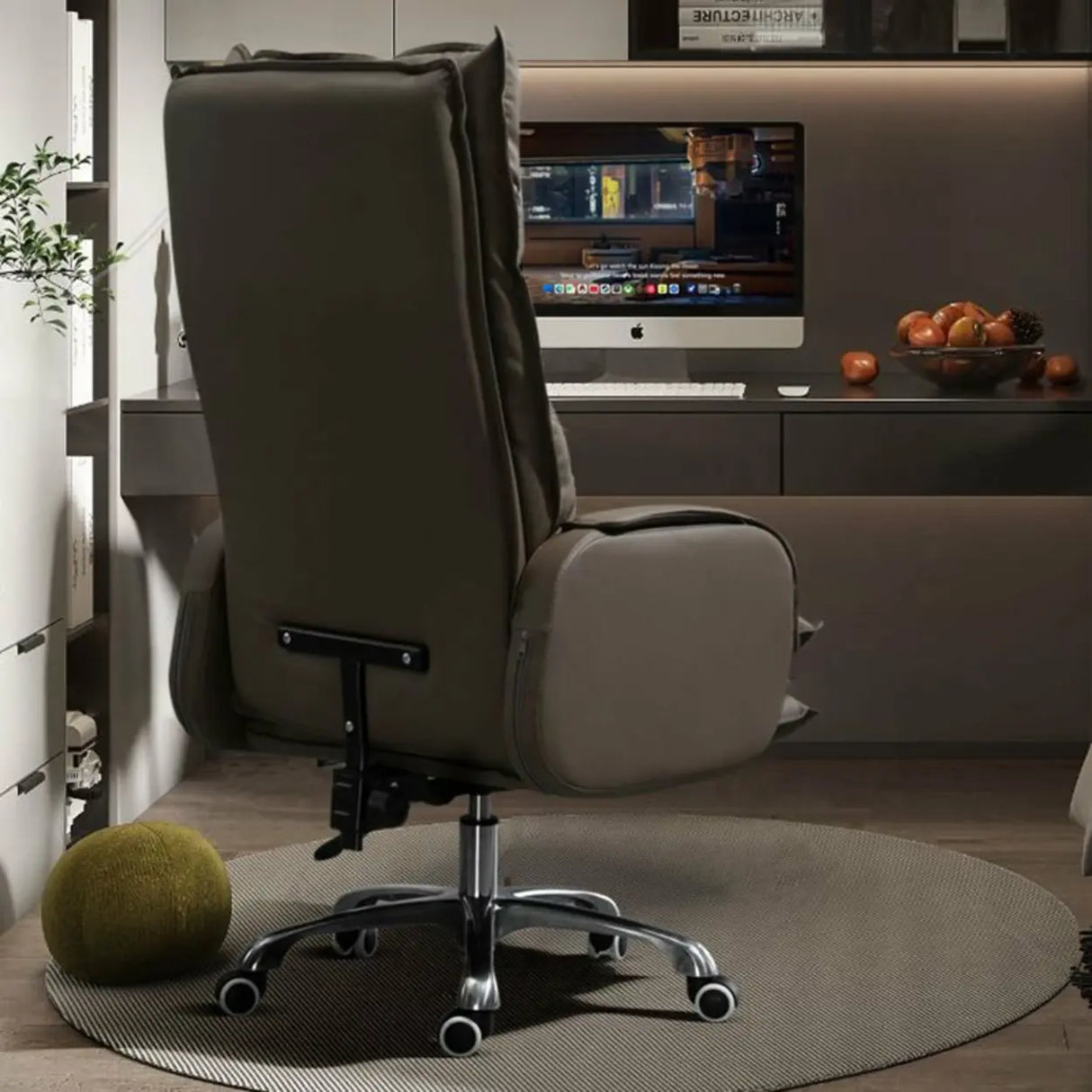 Swivel Fixed Arms Ergonomic Recliner Leather Office Chair Image - 18