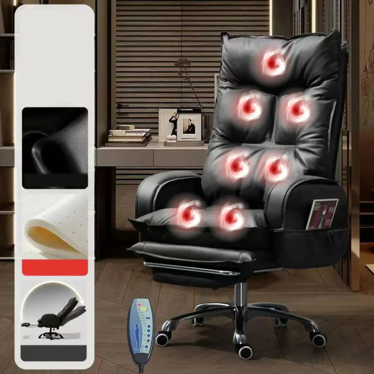 Swivel Fixed Arms Ergonomic Recliner Leather Office Chair Image - 2