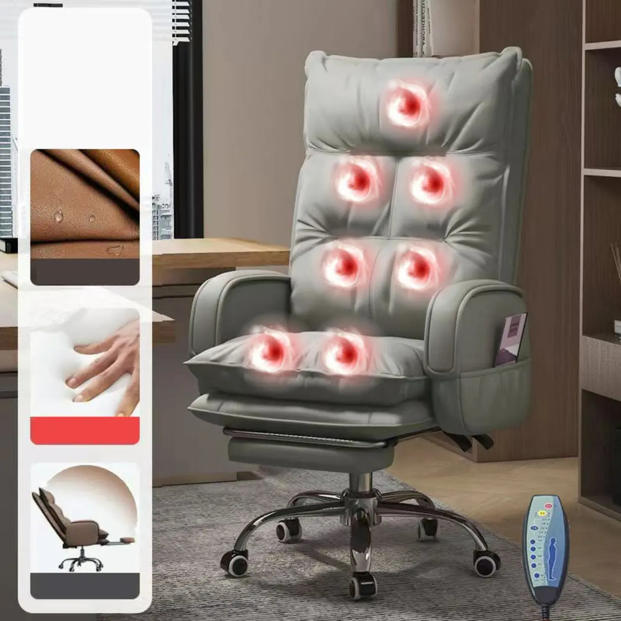 Swivel Fixed Arms Ergonomic Recliner Leather Office Chair Image - 3