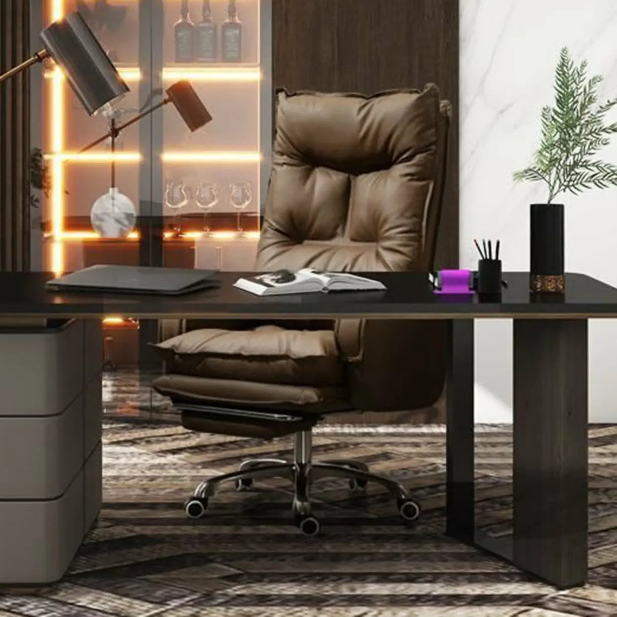 Swivel Fixed Arms Ergonomic Recliner Leather Office Chair Image - 4