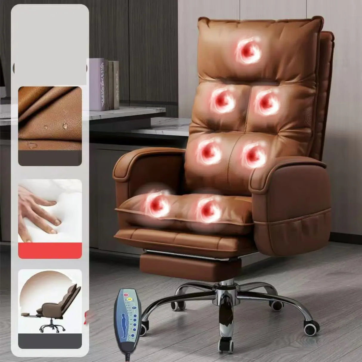 Swivel Fixed Arms Ergonomic Recliner Leather Office Chair Image - 7