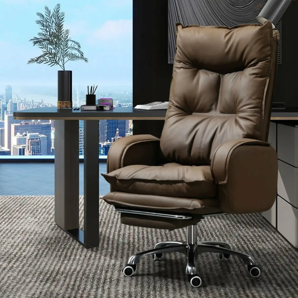 Swivel Fixed Arms Ergonomic Recliner Leather Office Chair Image - 8