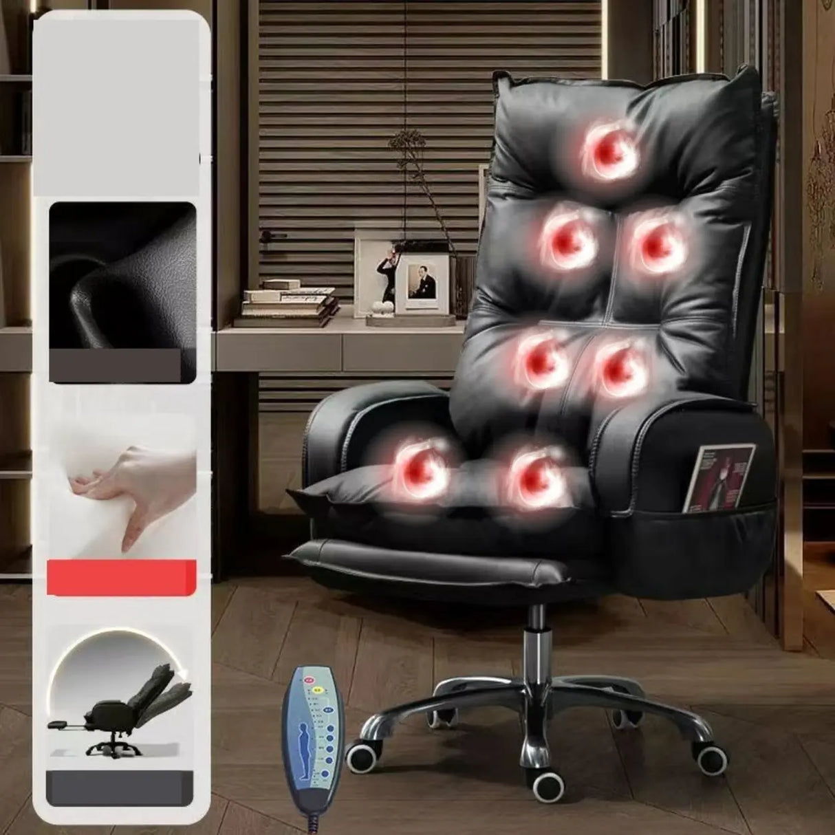 Swivel Fixed Arms Ergonomic Recliner Leather Office Chair Image - 9