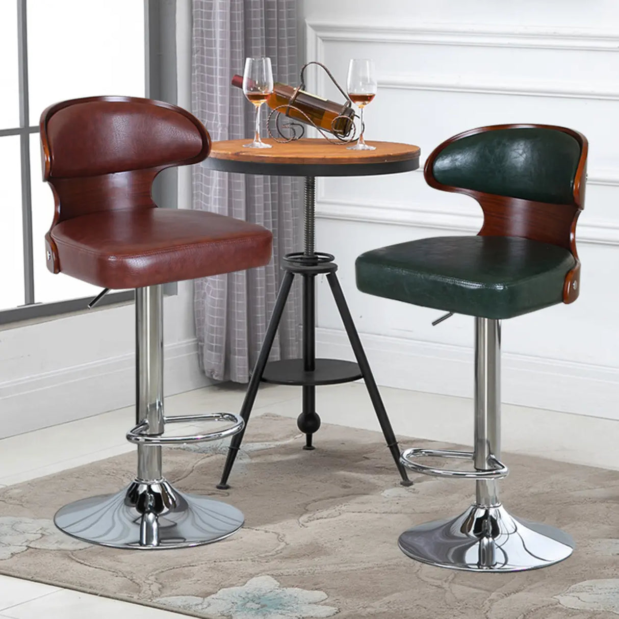 Swivel Leather Curved Back Home Bar Stool with Footrest Image - 1