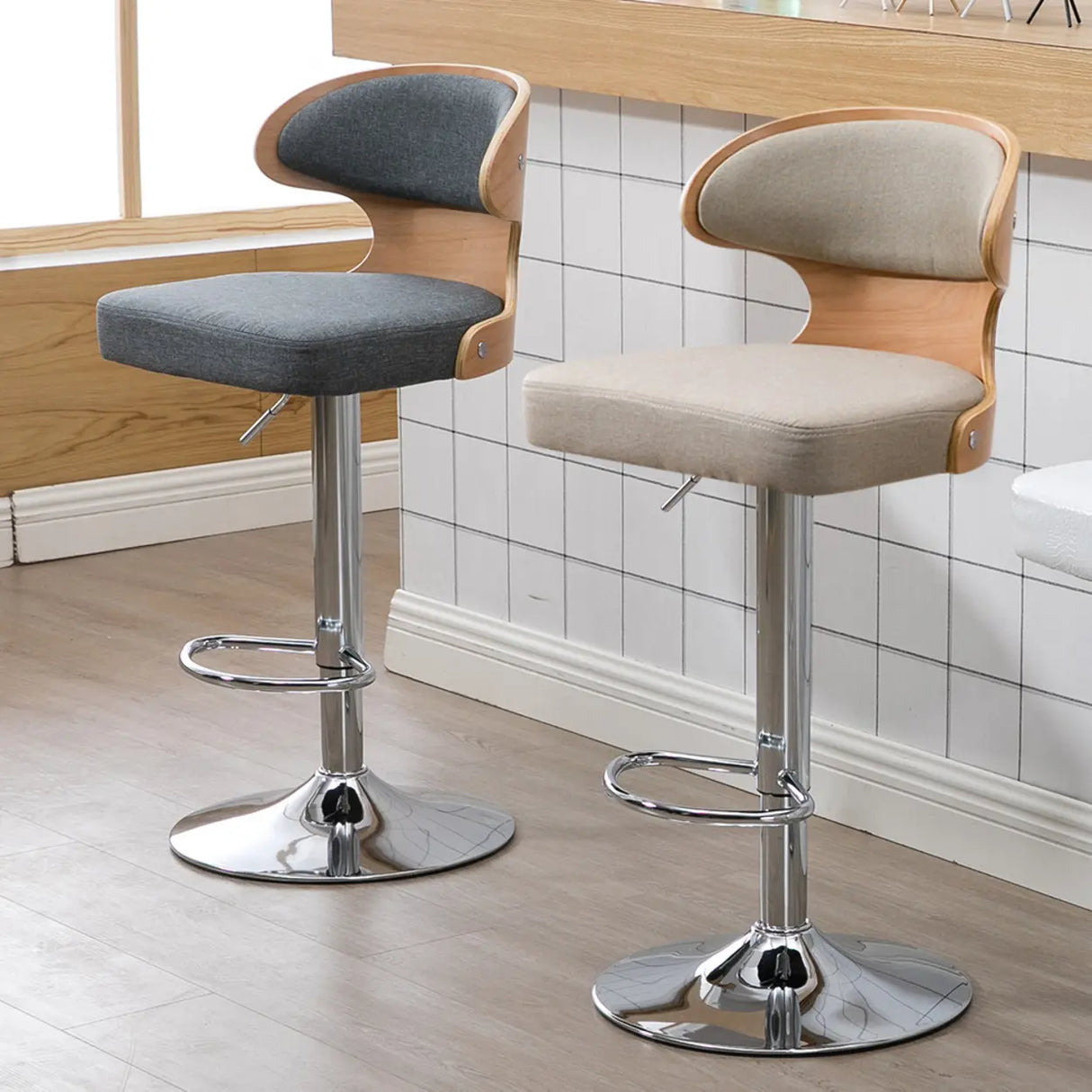 Swivel Leather Curved Back Home Bar Stool with Footrest Image - 4