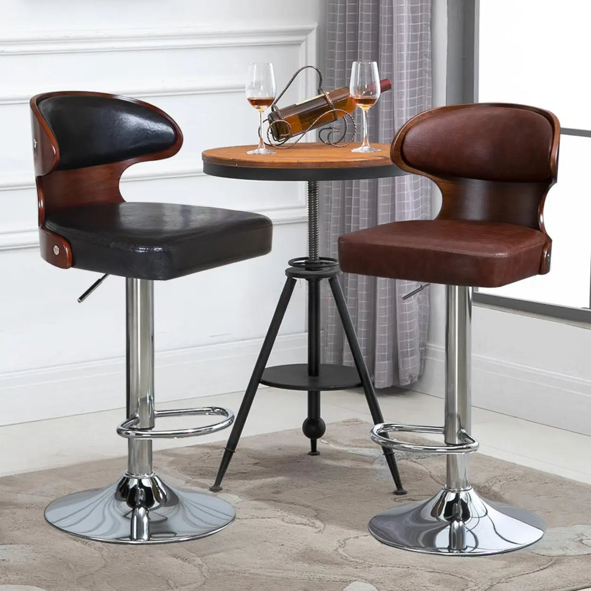 Swivel Leather Curved Back Home Bar Stool with Footrest Image - 5