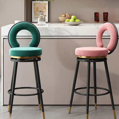 Swivel Round Upholstered Iron Bar Stool with Footrest Image - 1