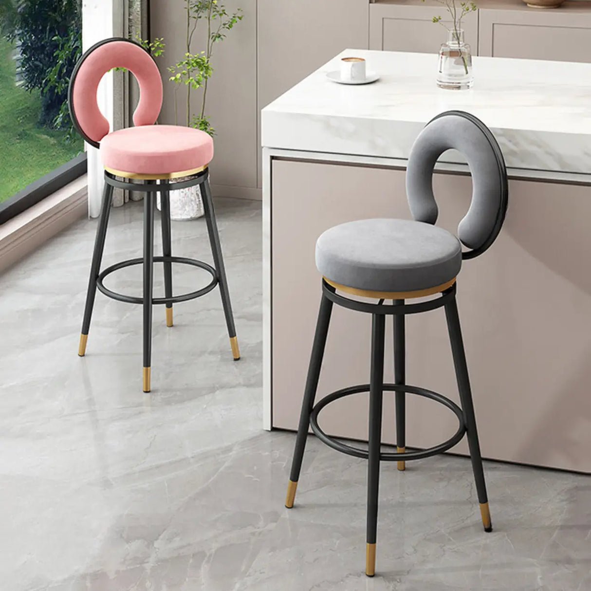 Swivel Round Upholstered Iron Bar Stool with Footrest Image - 4