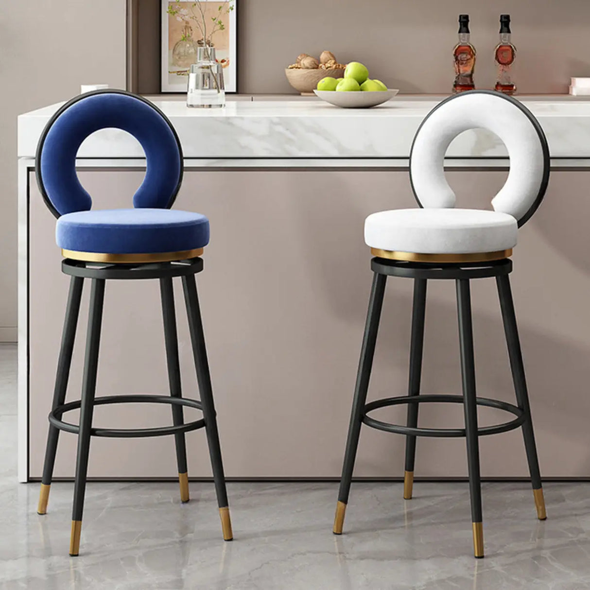 Swivel Round Upholstered Iron Bar Stool with Footrest Image - 5