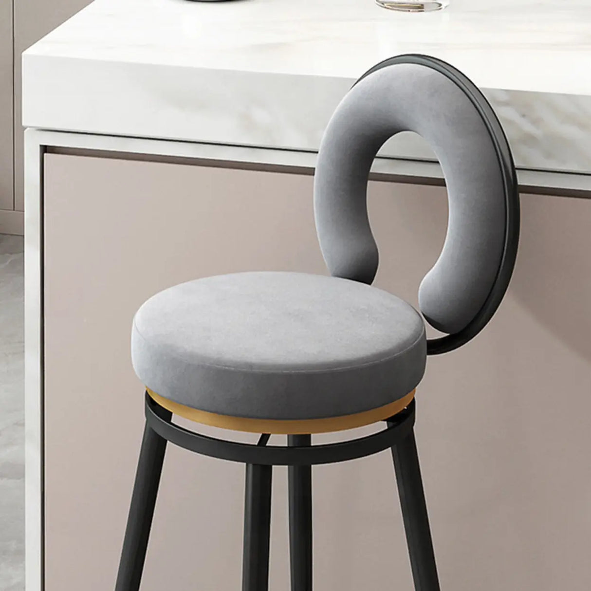 Swivel Round Upholstered Iron Bar Stool with Footrest Image - 7