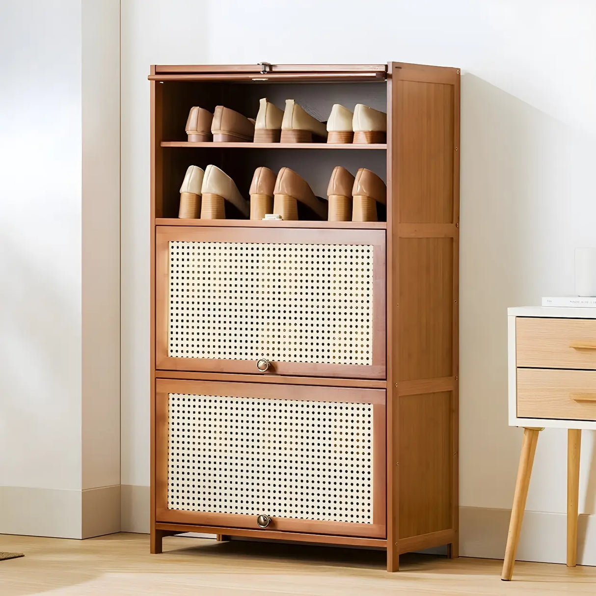 Tall Bamboo Hallway Brown Closed Back Shoe Storage Image - 13