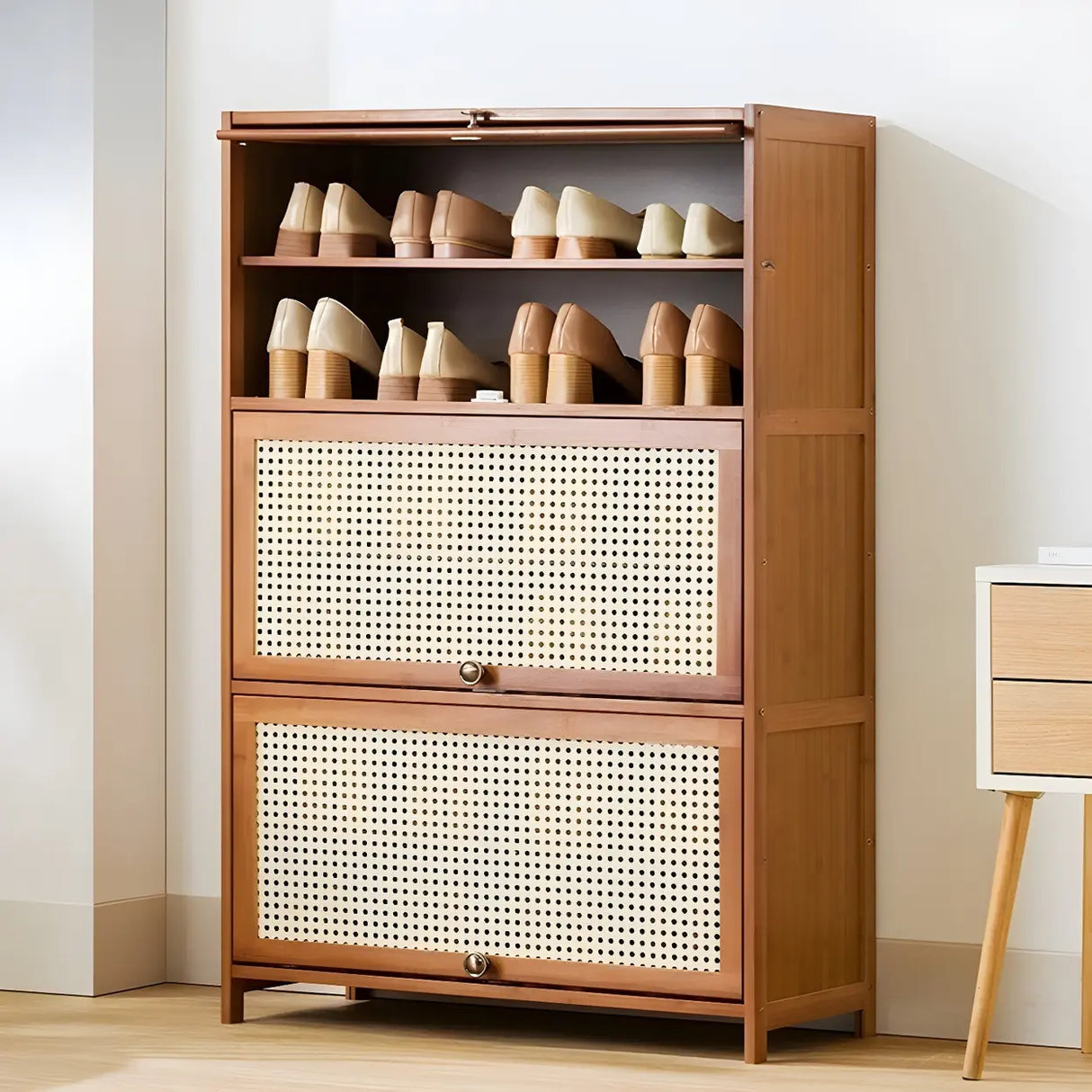 Tall Bamboo Hallway Brown Closed Back Shoe Storage Image - 16