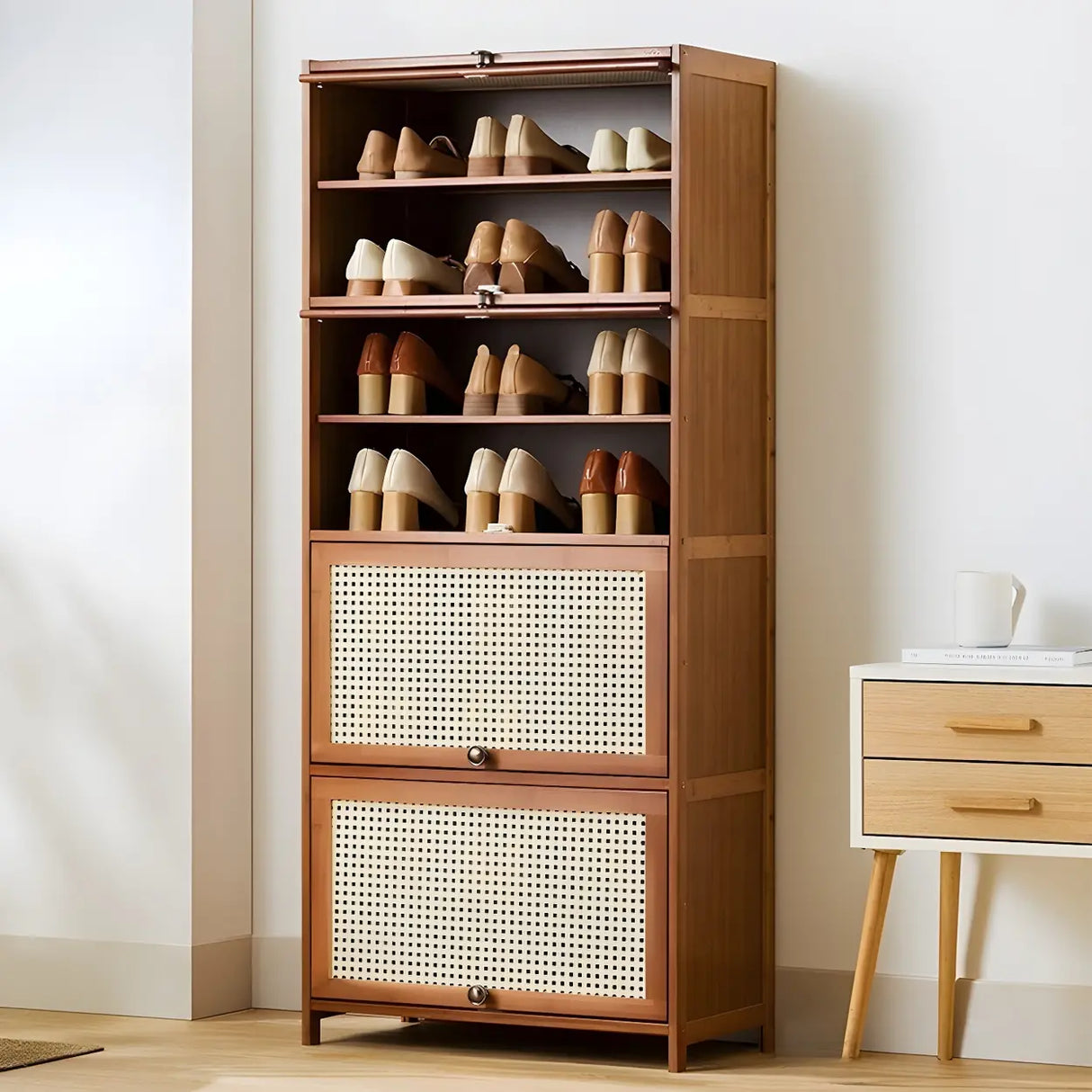 Tall Bamboo Hallway Brown Closed Back Shoe Storage Image - 17