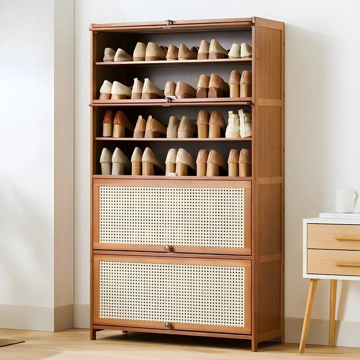 Tall Bamboo Hallway Brown Closed Back Shoe Storage Image - 19