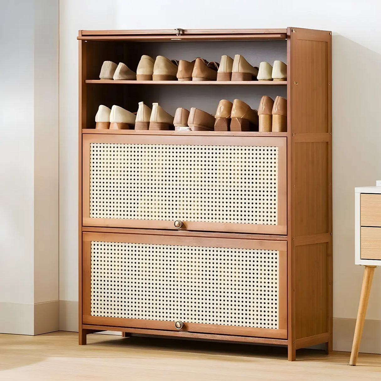 Tall Bamboo Hallway Brown Closed Back Shoe Storage Image - 2