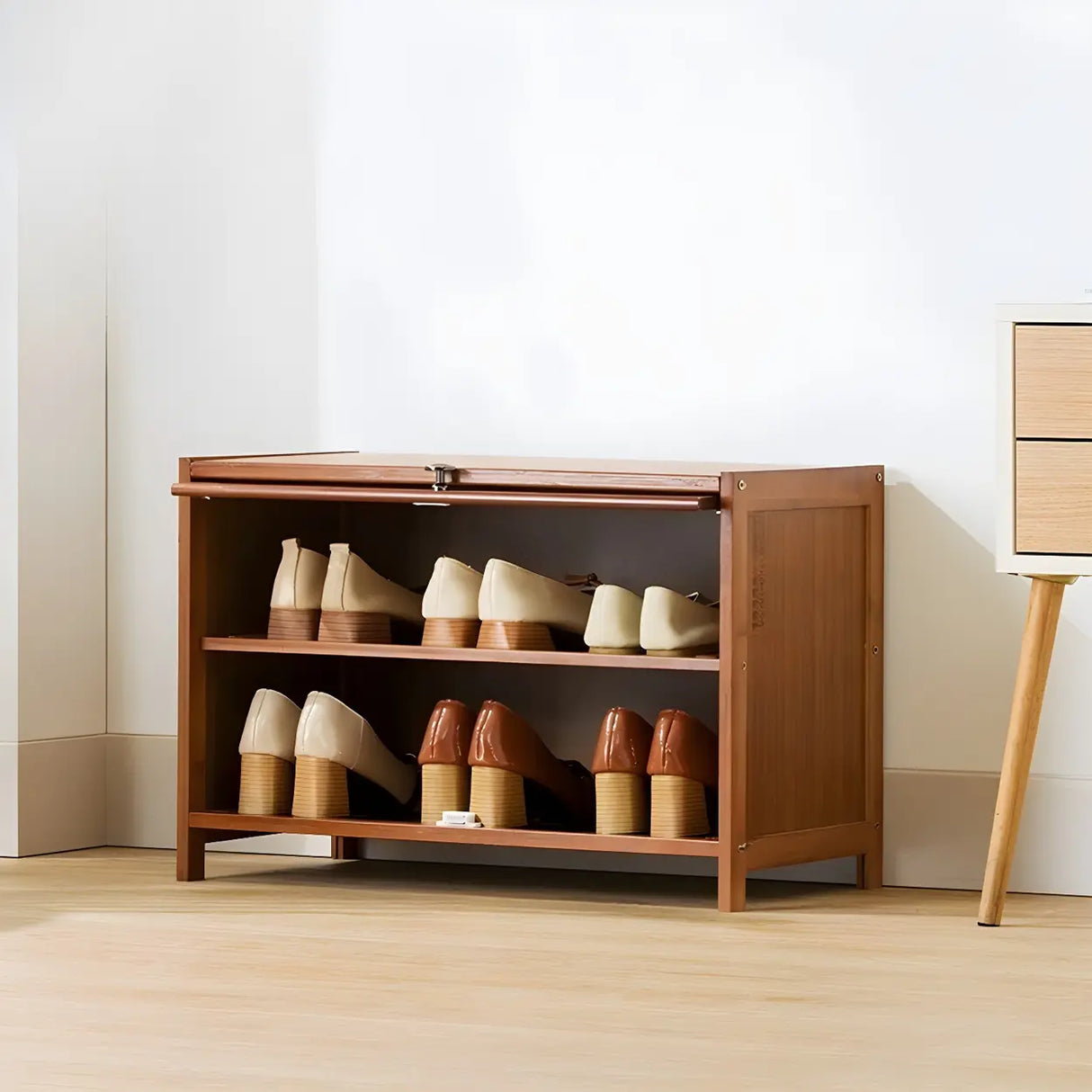 Tall Bamboo Hallway Brown Closed Back Shoe Storage Image - 4