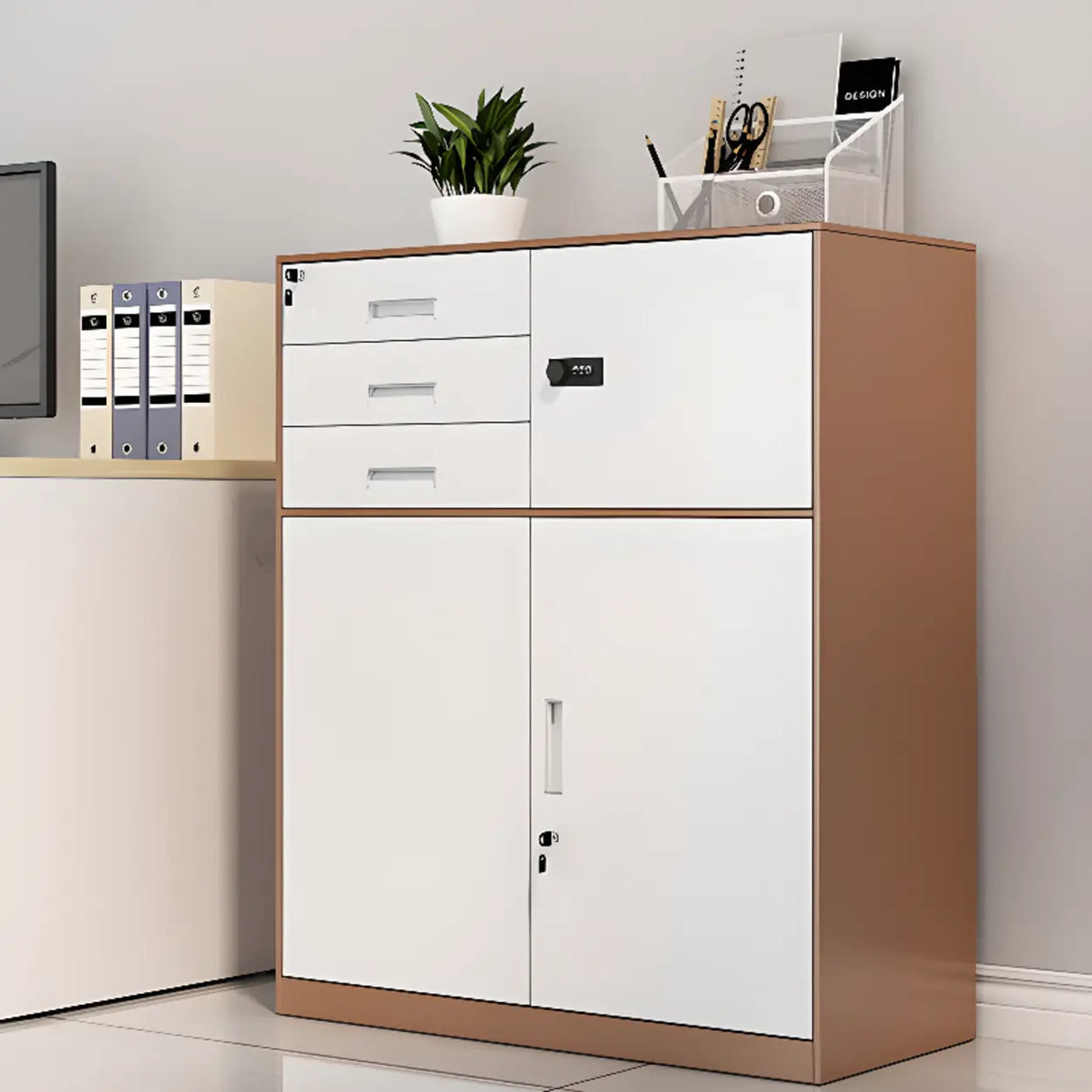 Tall Coffee Steel Vertical Cabinet with Locking Drawers Image - 1