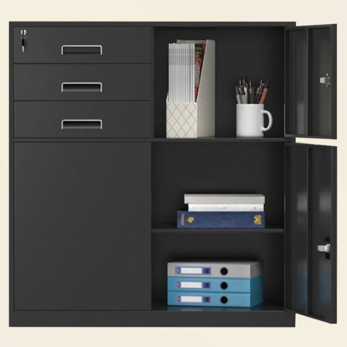 Tall Coffee Steel Vertical Cabinet with Locking Drawers Image - 8
