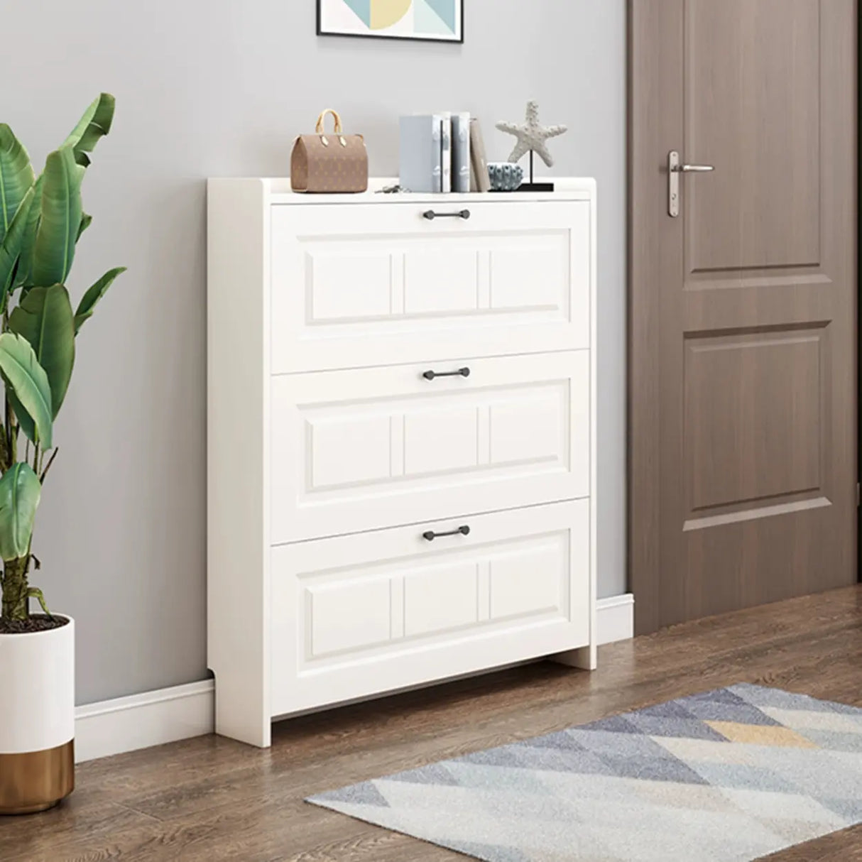 Tall Hallway White Large Capacity Drop Front Shoe Storage Image - 1