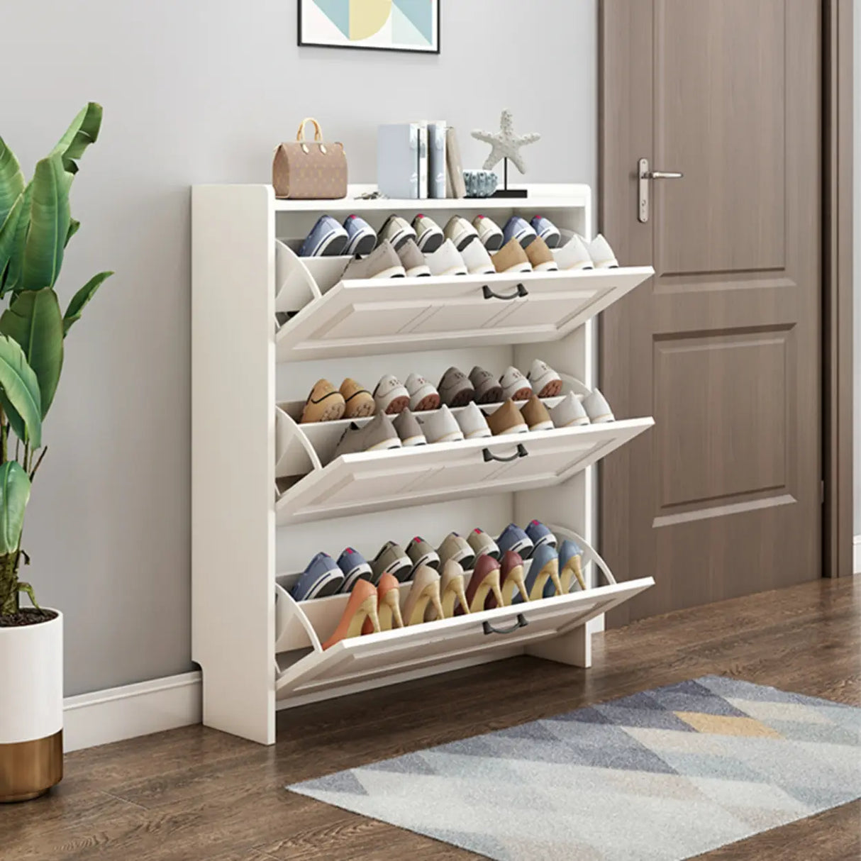 Tall Hallway White Large Capacity Drop Front Shoe Storage Image - 2