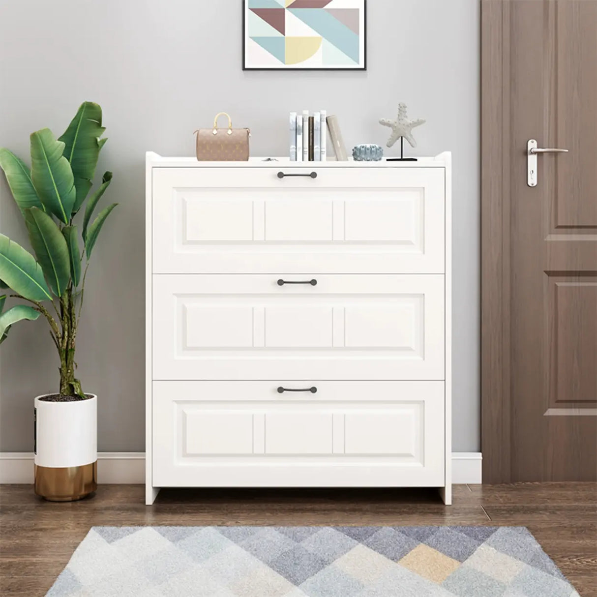 Tall Hallway White Large Capacity Drop Front Shoe Storage Image - 4