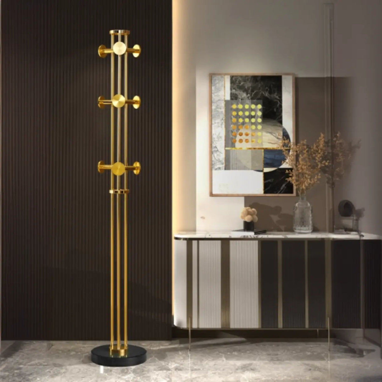 Tall Metal Gold-Black Freestanding Hooks Coat Rack Image - 1