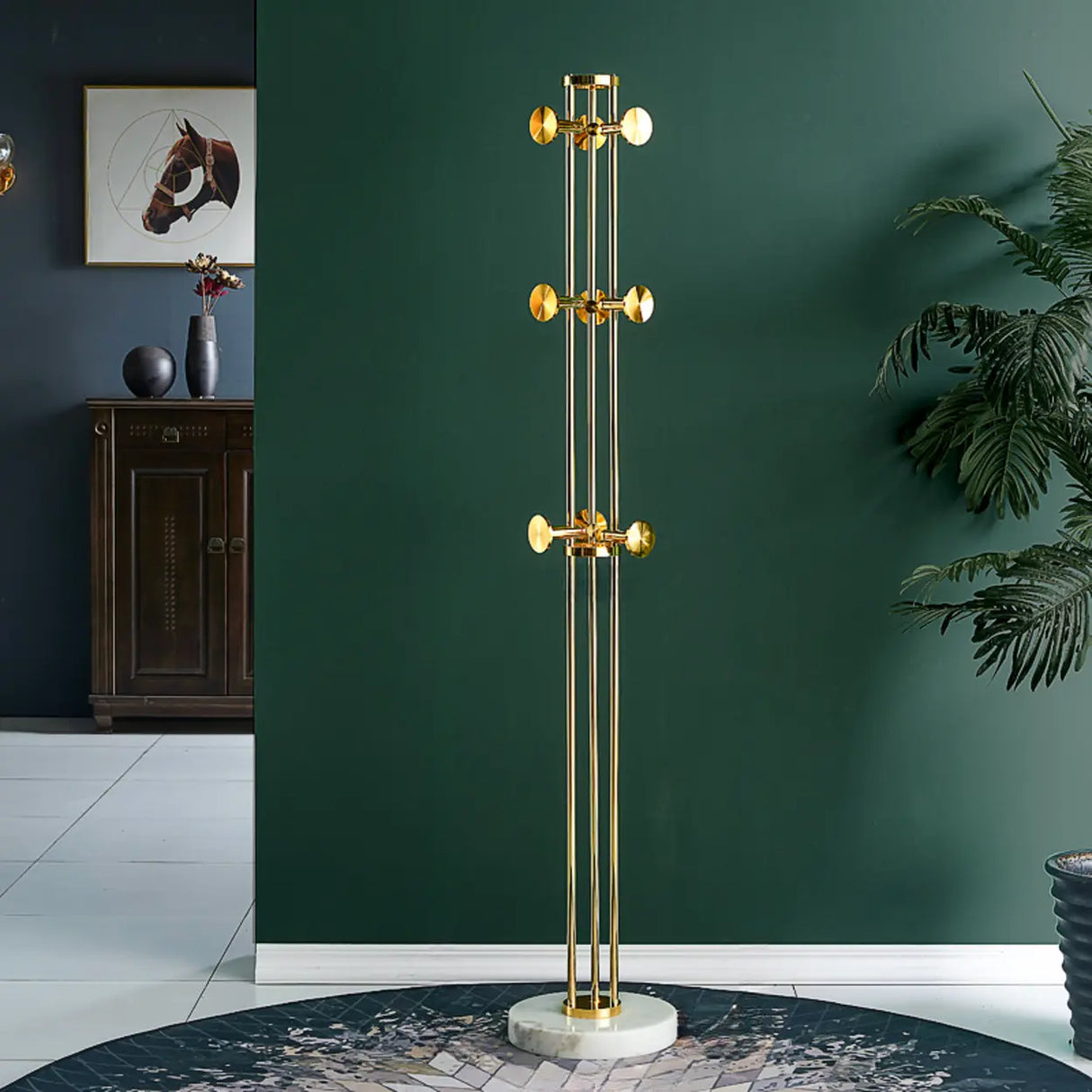 Tall Metal Gold-Black Freestanding Hooks Coat Rack Image - 2