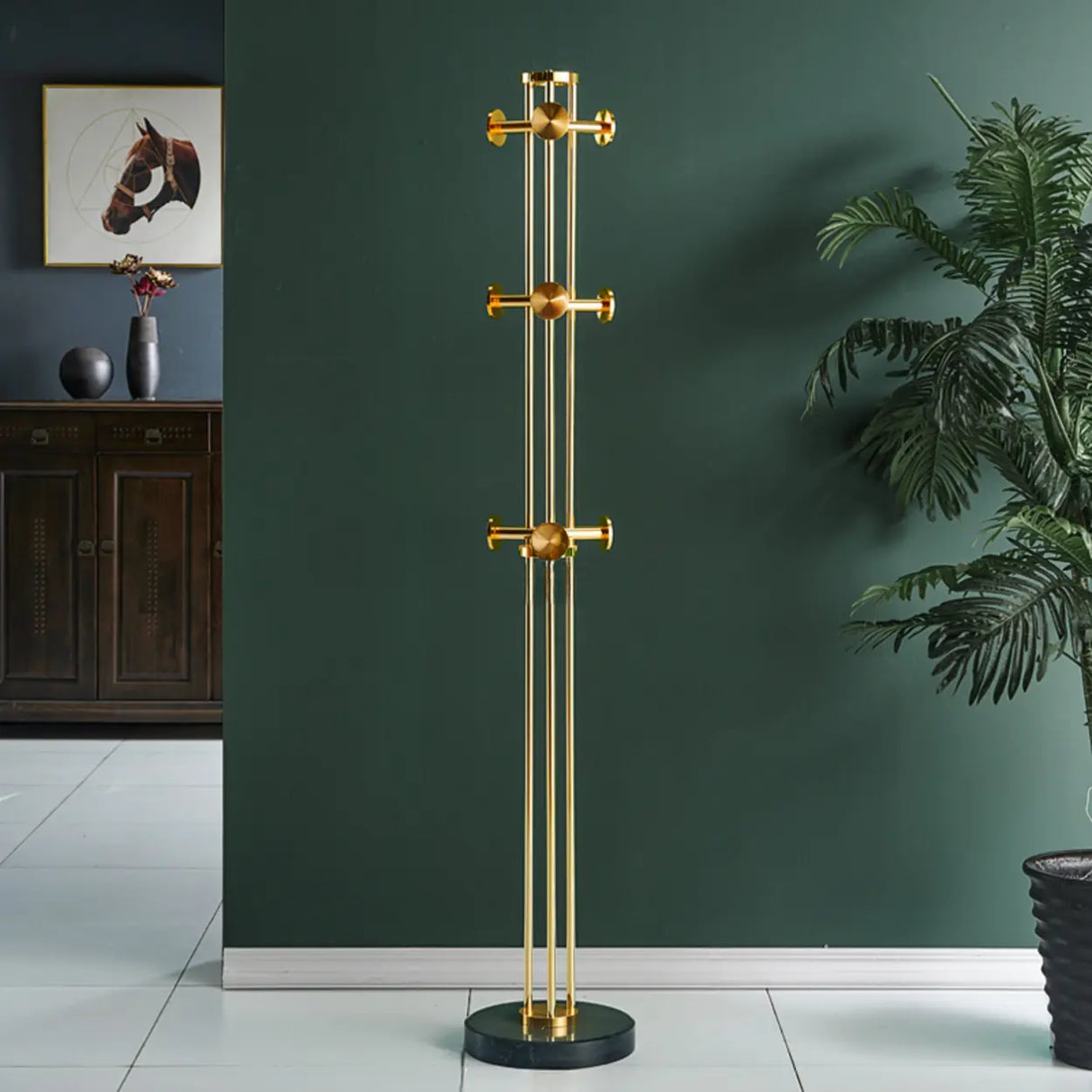 Tall Metal Gold-Black Freestanding Hooks Coat Rack Image - 3