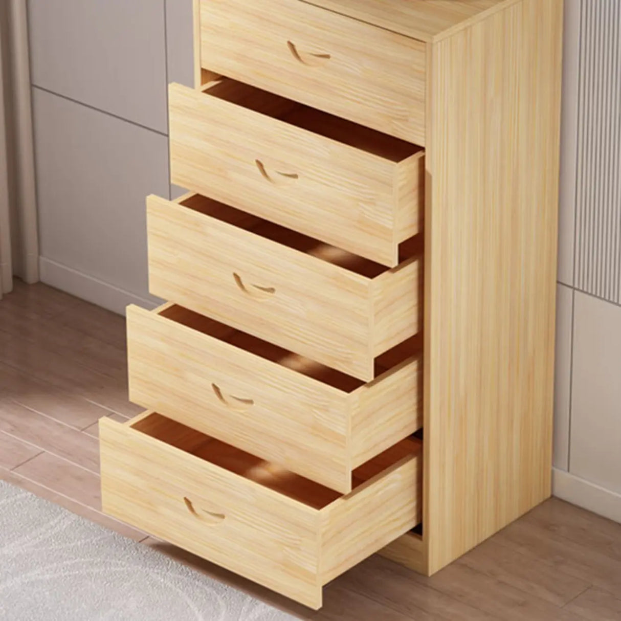 Tall Natural Finish Wood Vertical Five Drawers Chest Image - 17