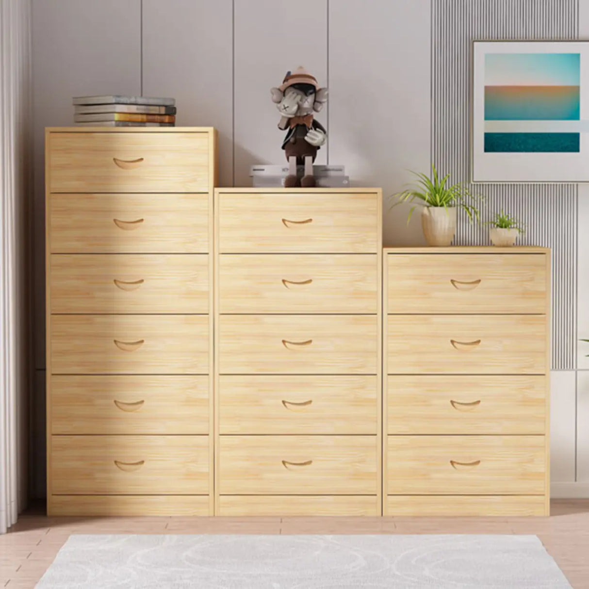Tall Natural Finish Wood Vertical Five Drawers Chest Image - 4