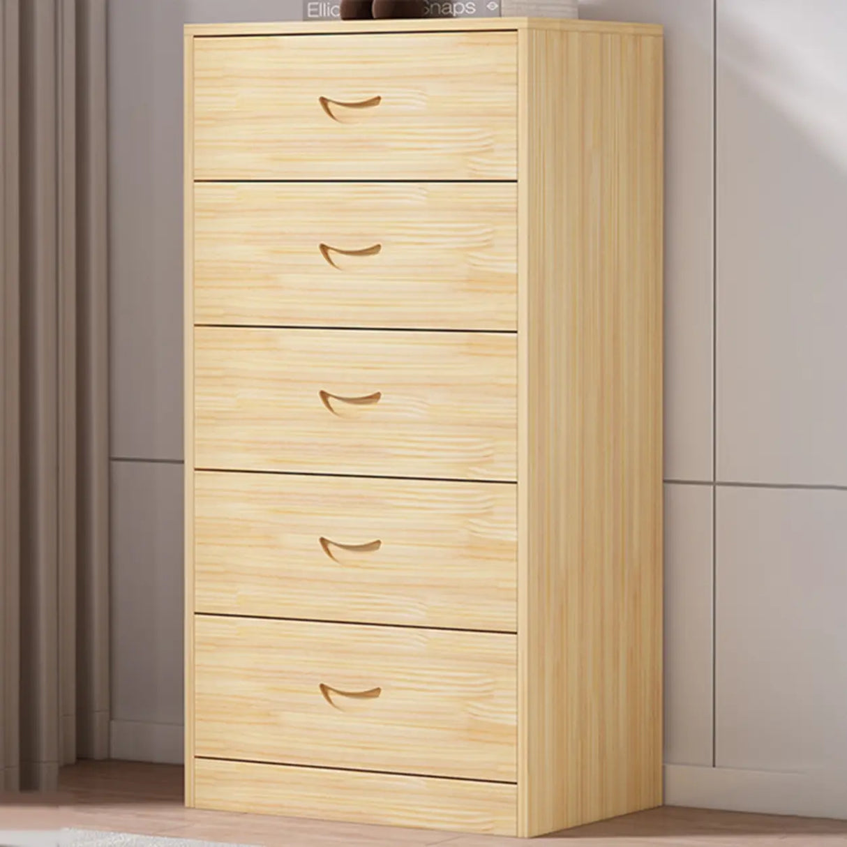 Tall Natural Finish Wood Vertical Five Drawers Chest Image - 6