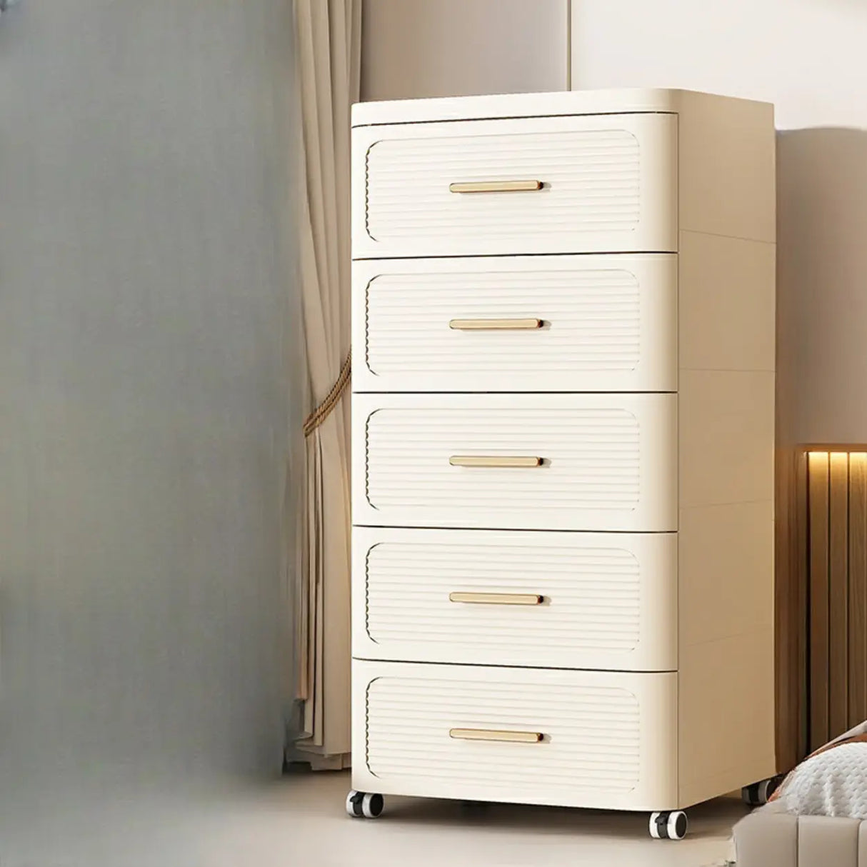 Tall Off-White Plastic Storage Drawers Chest with Casters Image - 10