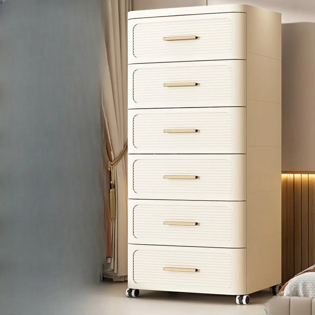 Tall Off-White Plastic Storage Drawers Chest with Casters Image - 13