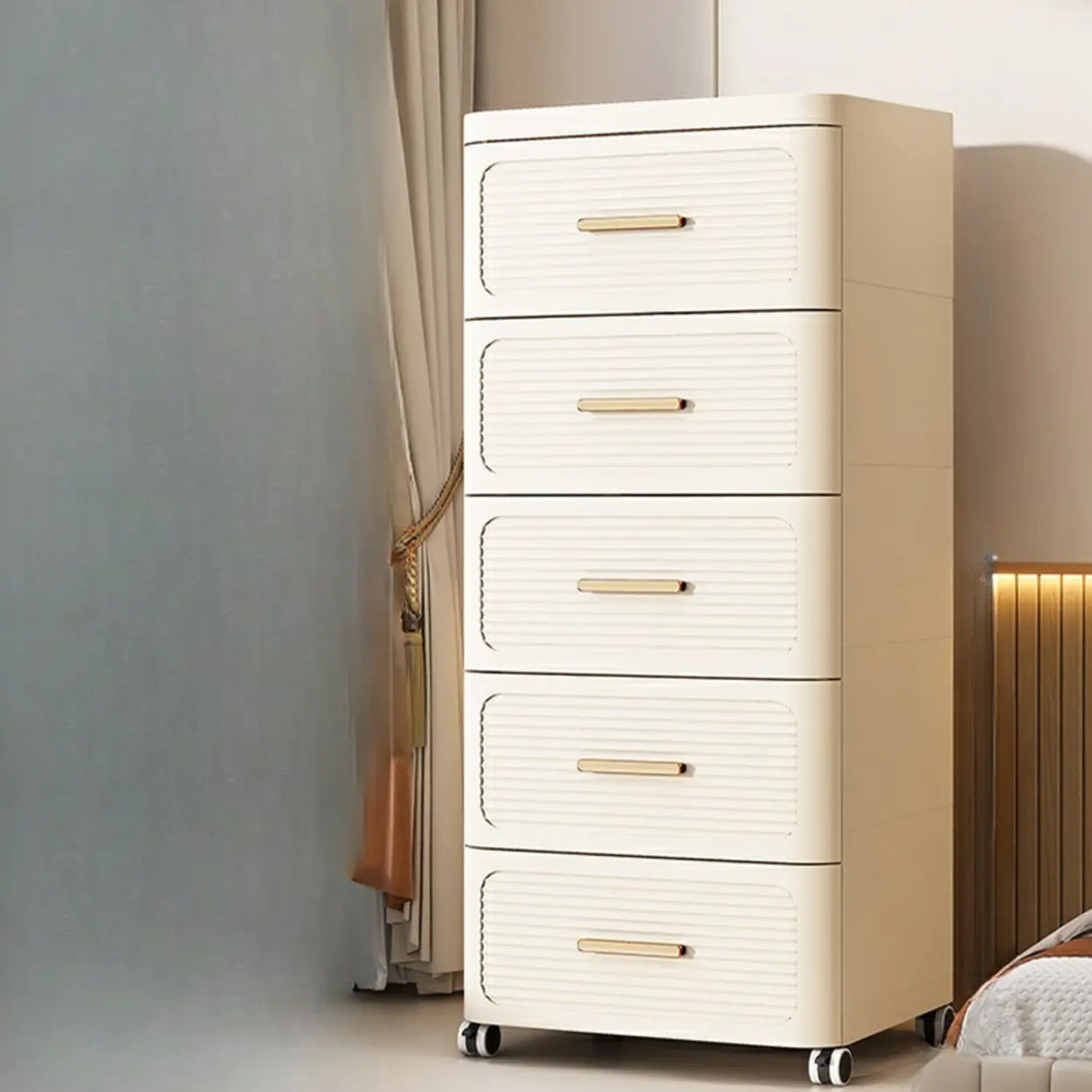 Tall Off-White Plastic Storage Drawers Chest with Casters Image - 19