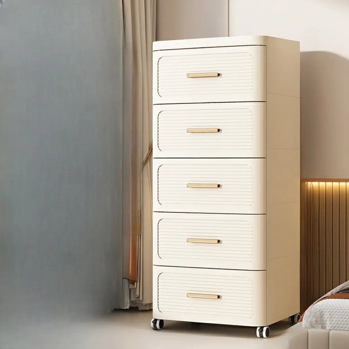 Tall Off-White Plastic Storage Drawers Chest with Casters Image - 3