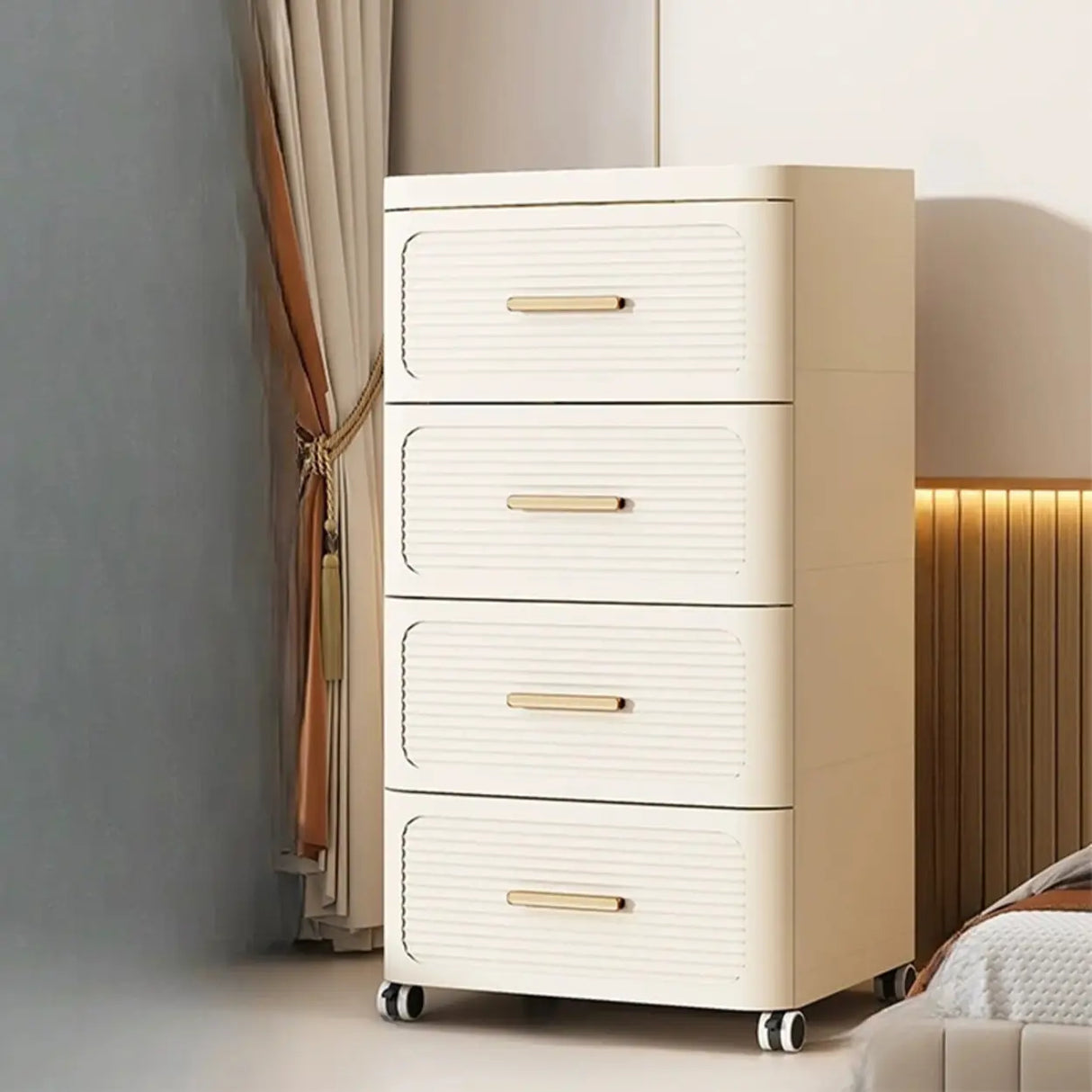 Tall Off-White Plastic Storage Drawers Chest with Casters Image - 7