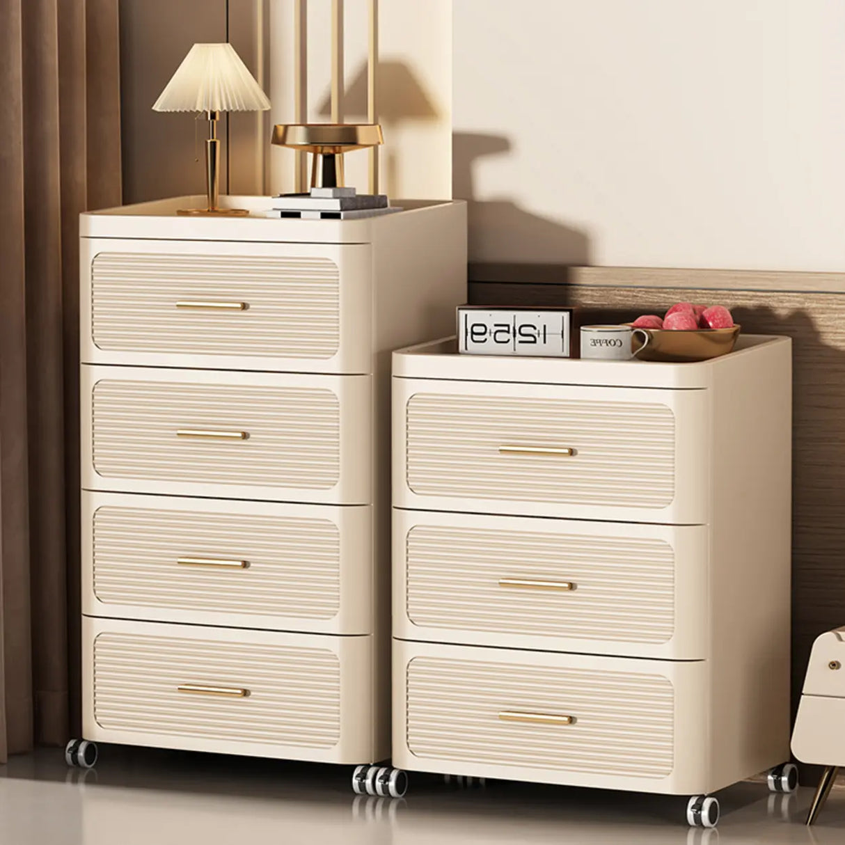 Tall Off-White Plastic Storage Drawers Chest with Casters Image - 8