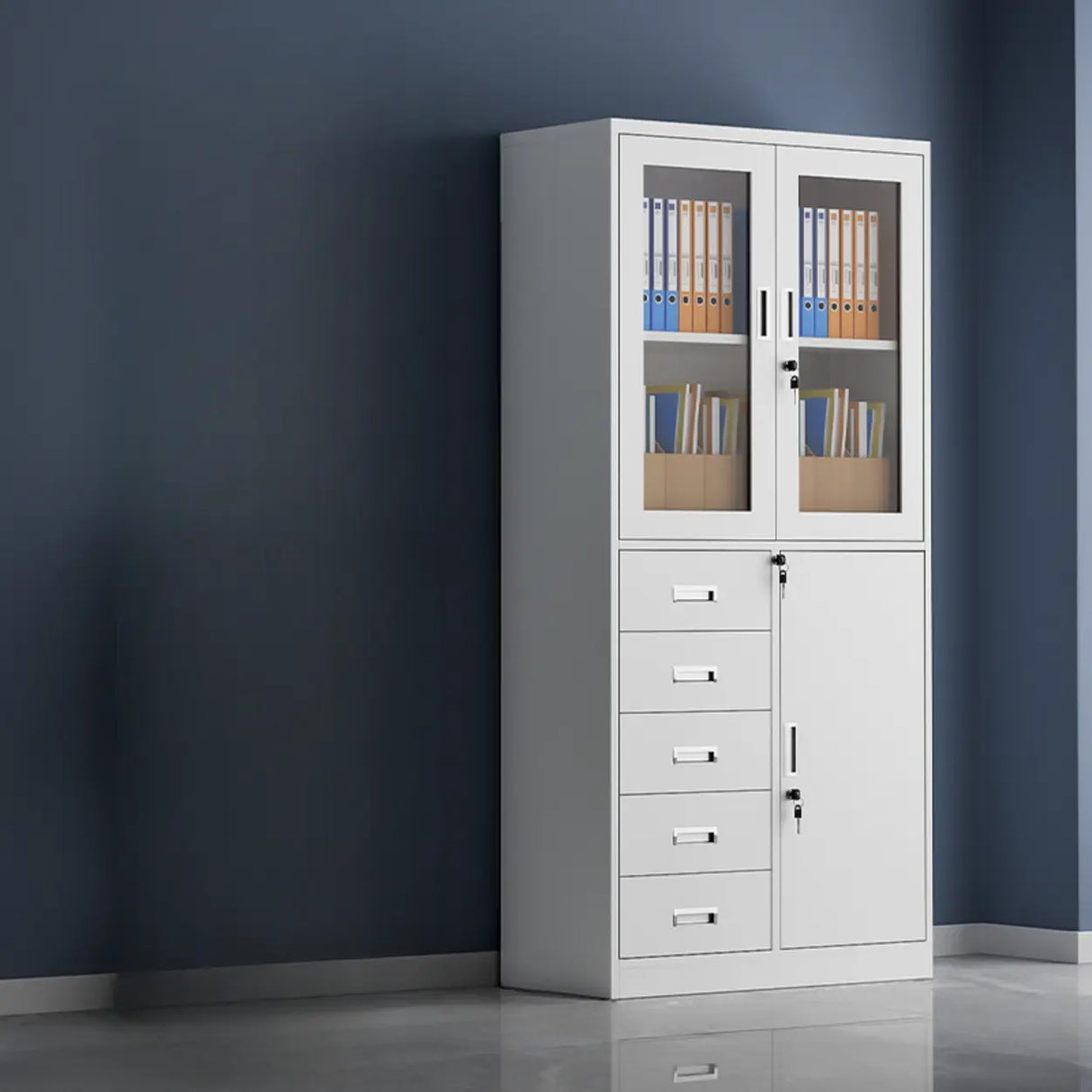 Tall Steel Vertical White Filing Cabinet with Key Lock Image - 9