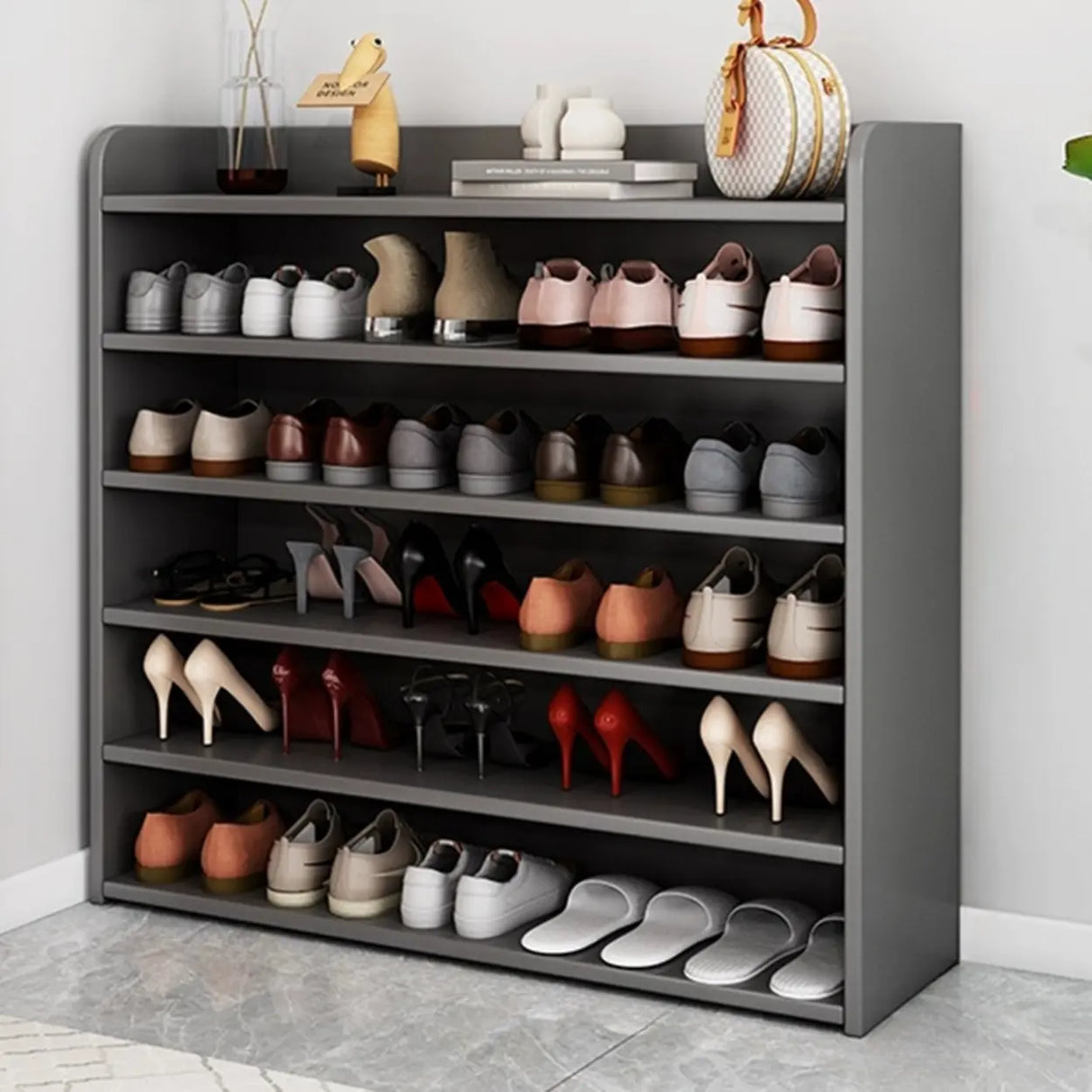 Tall Wood Free Standing Natural Closed Back Large Shoe Rack Image - 12