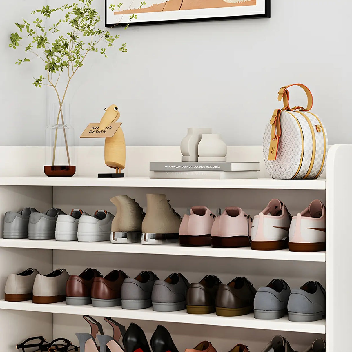 Tall Wood Free Standing Natural Closed Back Large Shoe Rack Image - 13