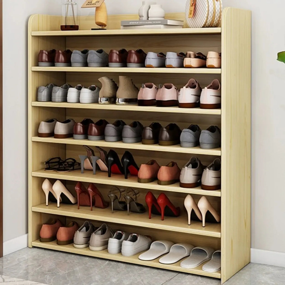 Tall Wood Free Standing Natural Closed Back Large Shoe Rack Image - 14