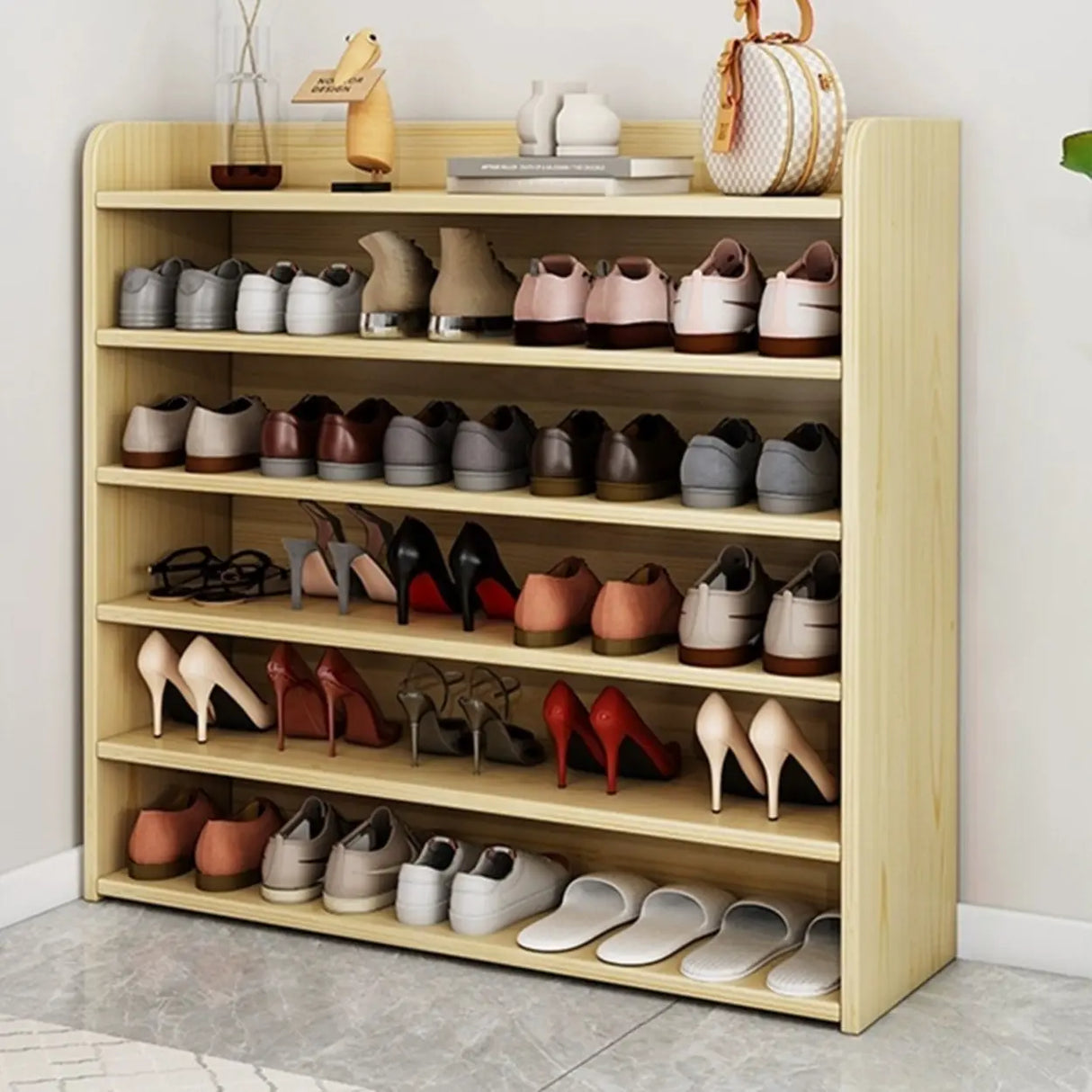 Tall Wood Free Standing Natural Closed Back Large Shoe Rack Image - 16