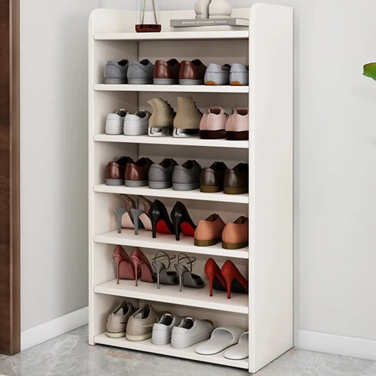 Tall Wood Free Standing Natural Closed Back Large Shoe Rack Image - 17