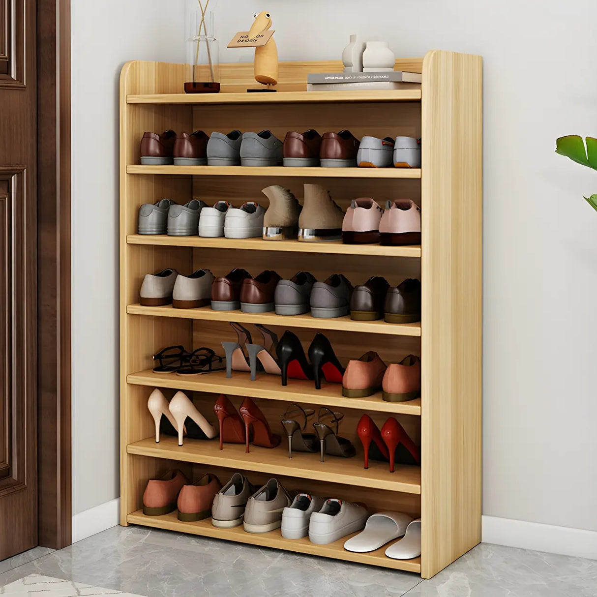 Tall Wood Free Standing Natural Closed Back Large Shoe Rack Image - 18