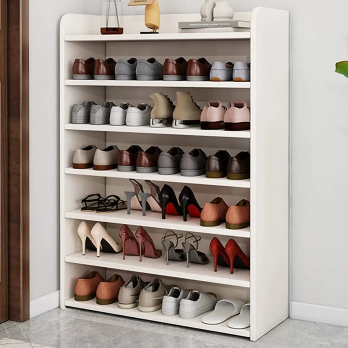 Tall Wood Free Standing Natural Closed Back Large Shoe Rack Image - 19