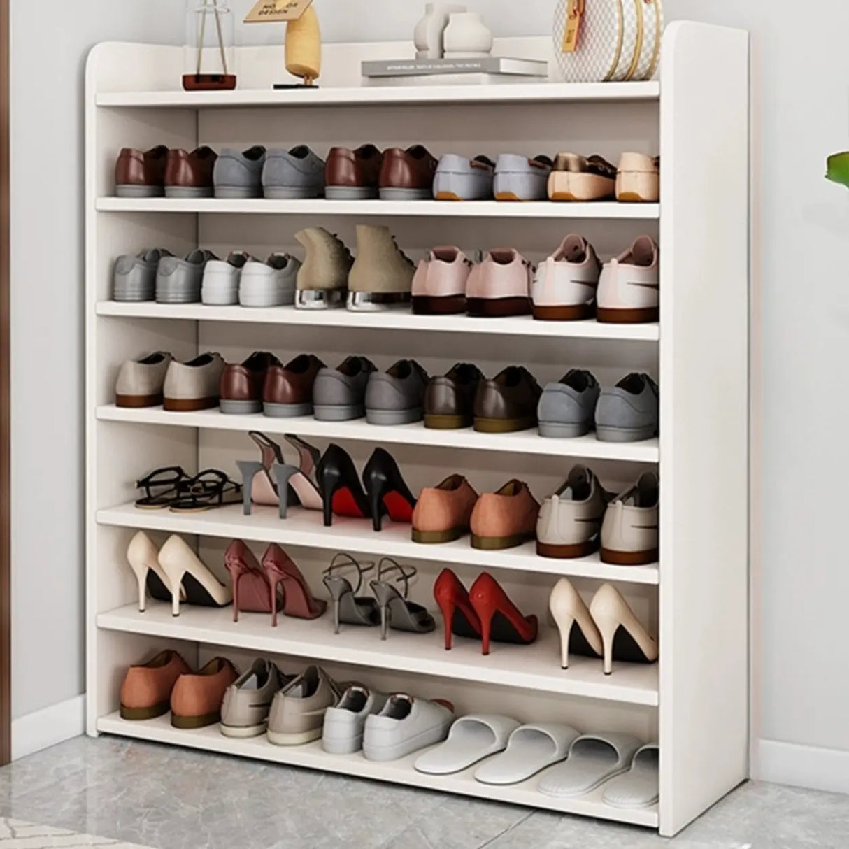 Tall Wood Free Standing Natural Closed Back Large Shoe Rack Image - 20