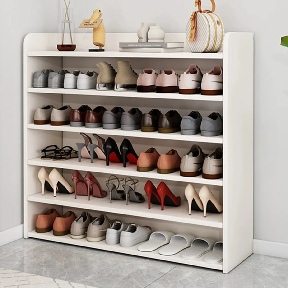 Tall Wood Free Standing Natural Closed Back Large Shoe Rack Image - 23
