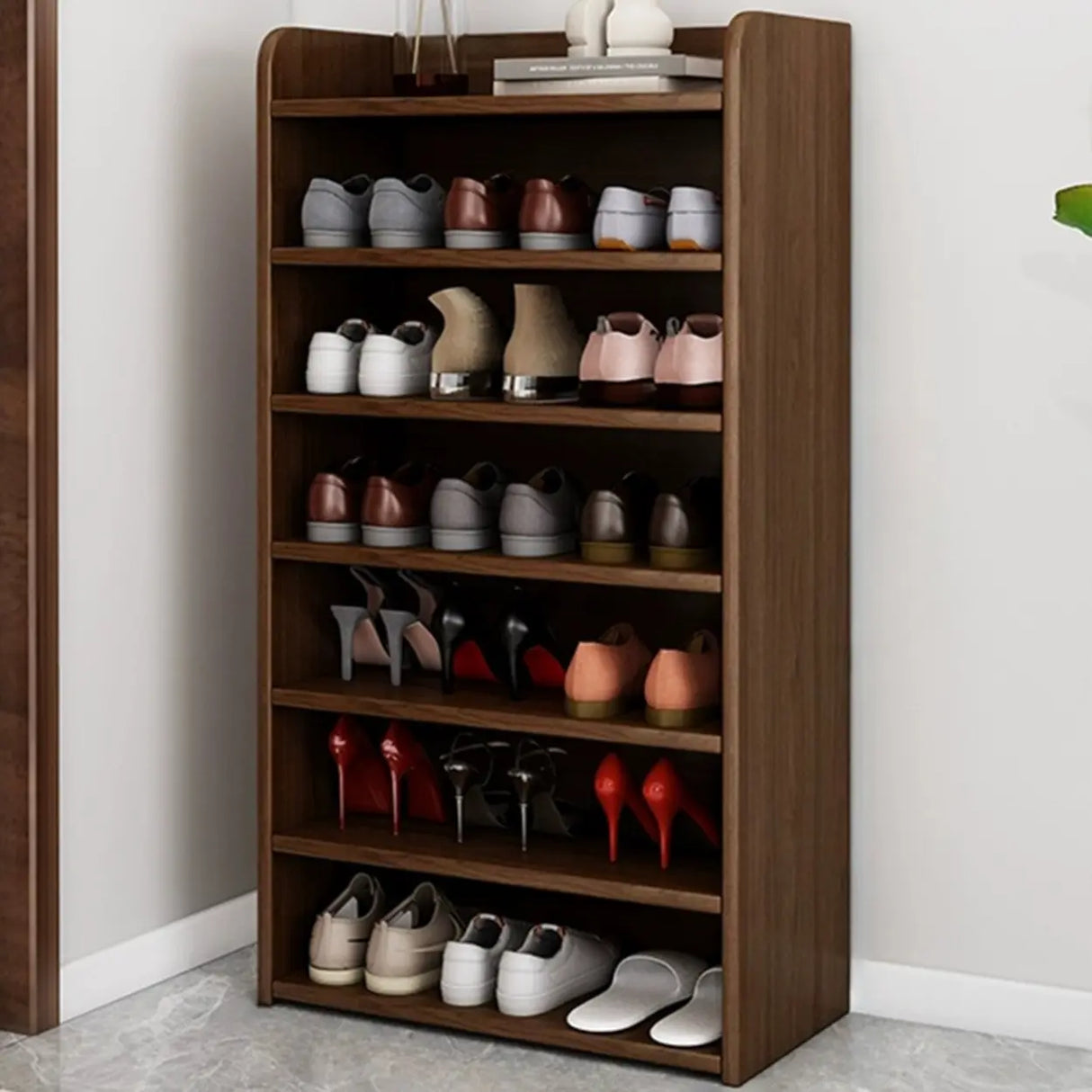 Tall Wood Free Standing Natural Closed Back Large Shoe Rack Image - 24