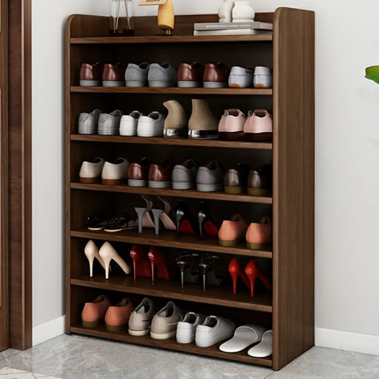 Tall Wood Free Standing Natural Closed Back Large Shoe Rack Image - 25