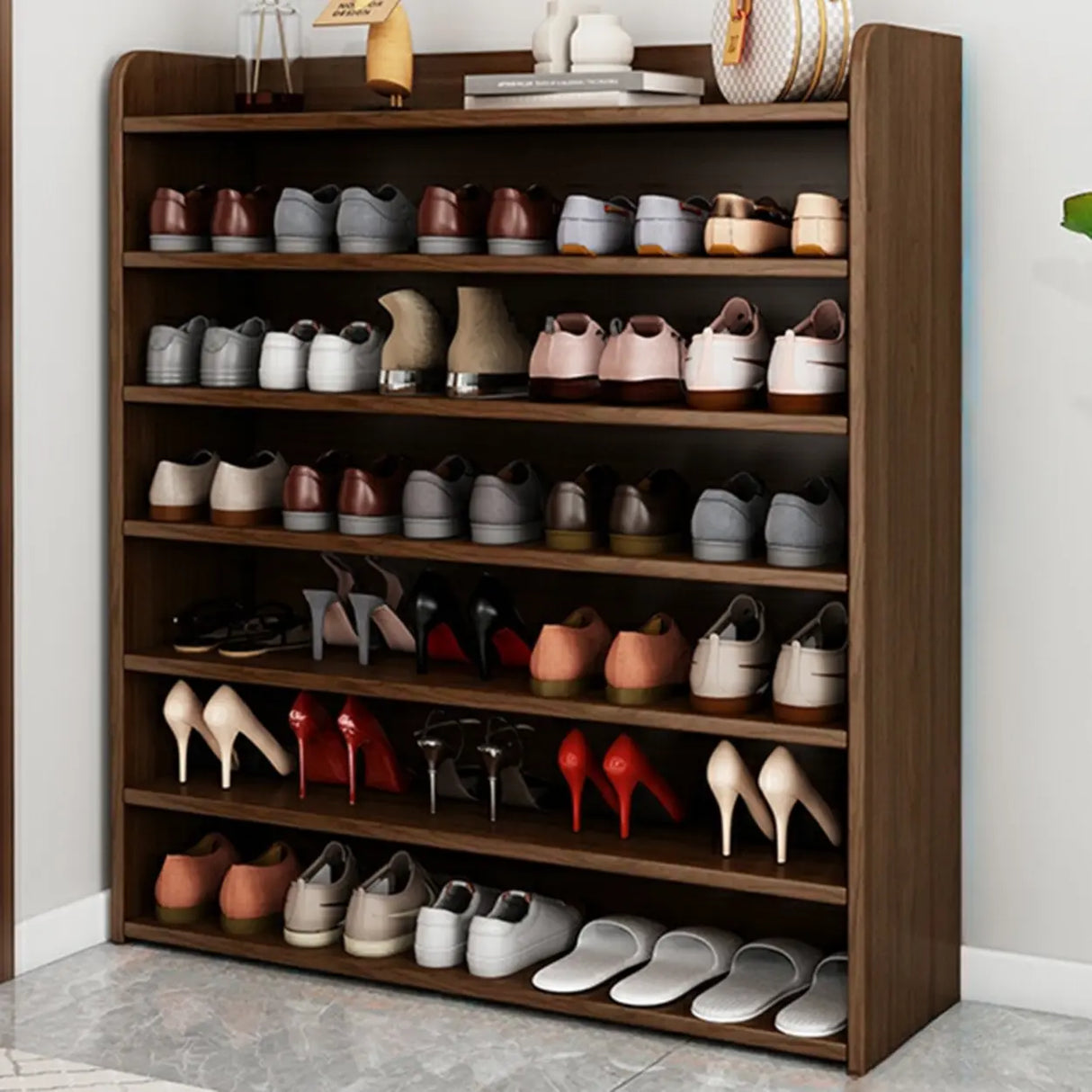 Tall Wood Free Standing Natural Closed Back Large Shoe Rack Image - 26